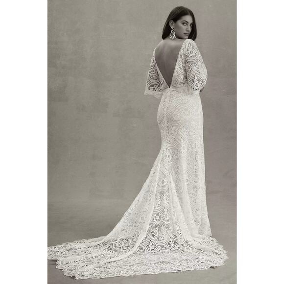 BHLDN Rish Haleh Flutter-Sleeve Lace V-Neck Fit & Flare Wedding Gown 22W NWT - Picture 3 of 14